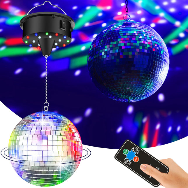 10 RPM Disco Ball with Motor and Mirror Ball — Plug/Battery Powered Disco Ball Light with 4 Color Lights,18 LED Beads and Mirror Ball, Christmas Party, Back to 70s Theme Party Supplies