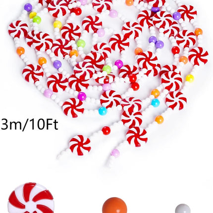 obmwang 10 Feet Christmas Candy Garland Red and White Peppermint Candy Beaded Garland Christmas Tree Candy Garland Hanging Ornaments for Xmas Party Supplies Holiday Favors