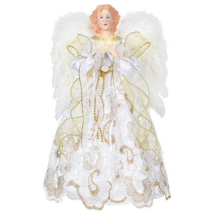 HMASYO Christmas Tree Topper Angel with Timer Lights, 12" Lighted Angel Tree Toppers with White Feather Wings and Star Light, Angel Tree Toppers Christmas Tree Top Decorations Xmas