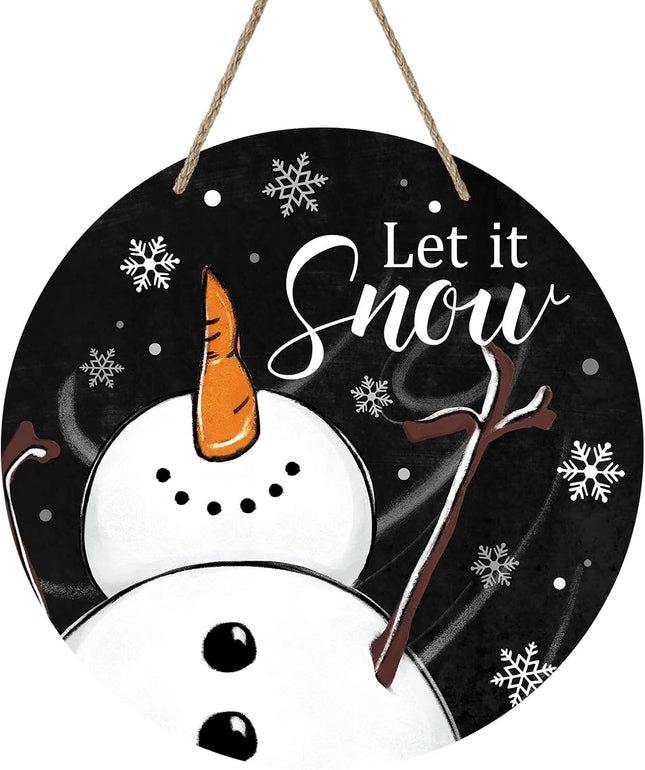 Deroro Let It Snow Snowman Sign for Front Door Decor, Winter Welcome Farmhouse Wood Door Hanger for Outdoor Outside Porch, Rustic Snowflakes Black Wooden Wreath Wall Hanging Decoration