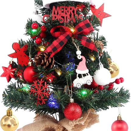 BSTCRAFT Mini Christmas Tree, 22 inches, Green, Artificial Tree with Lights, Santa Christmas Hat, Mini Christmas Ornaments for Tabletop Decorations