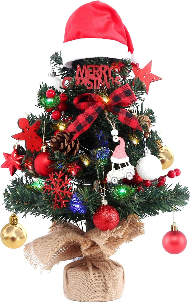 BSTCRAFT Mini Christmas Tree, 22 inches, Green, Artificial Tree with Lights, Santa Christmas Hat, Mini Christmas Ornaments for Tabletop Decorations