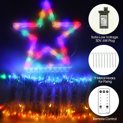 12.5ft Christmas Outdoor Decorations with Remote, 320 LED 9 Strands Waterfall Tree Lights for Yard, 8 Modes & Timing, Waterproof Christmas Lights, Indoor Outdoor Topper Star Lights for Yard Tree