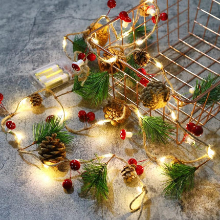 WYNK Christmas tree string lights, Christmas Garland Decoration with lights, 9.84FT 30LED Xmas Pinecone Red Berry Mushroom Lights Battery Powered Christmas Year Holiday Party Decoration Indoor