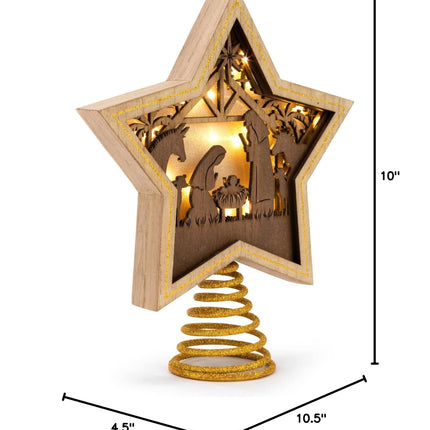 DEMDACO Gold Accented Wooden Star with Cutout Nativity Scene and Warm LED Shadow Box 10 x 8.5 Inches Christmas Tree Topper