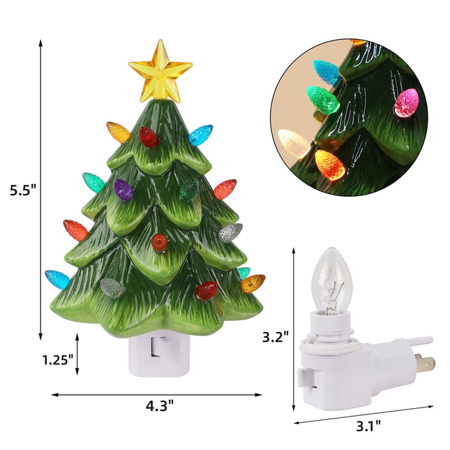 Hausse Green Christmas Tree Night Light, Decorative Ceramic Xmas Tree Nightlight with Lamp for Kids, Multicolor Bulbs & 360 Degree Swivel Plug with On/Off Switch for Bedroom Kitchen Bathroom Decor