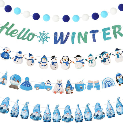 5 Pcs Winter Garland Decorations Hello Winter Banner Winter Felt Garlands Snowman Gnome Decorations Hanging Christmas Winter Decoration for Birthday Christmas Party Decor
