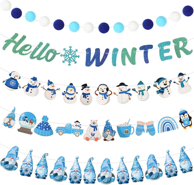 5 Pcs Winter Garland Decorations Hello Winter Banner Winter Felt Garlands Snowman Gnome Decorations Hanging Christmas Winter Decoration for Birthday Christmas Party Decor