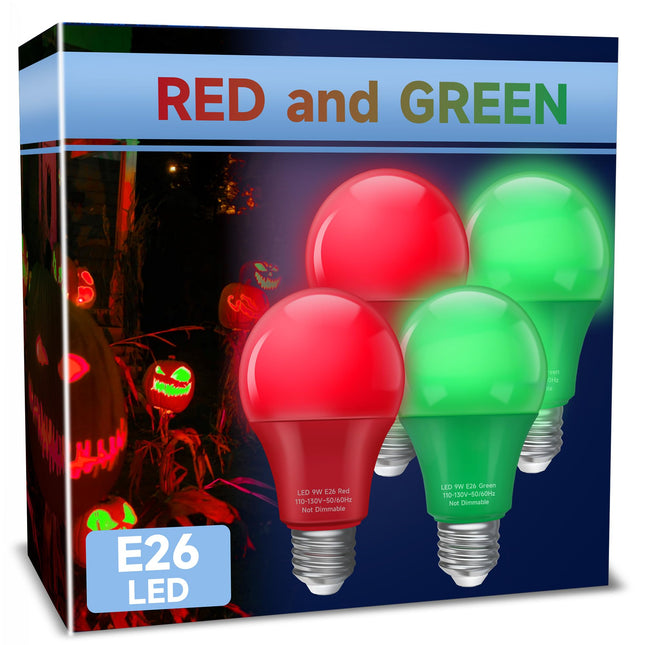 Red and Green Light Bulbs, 9W A19 LED Christmas Light Bulbs, E26 Red Light Bulbs Green Light Bulbs, 60W Equivalent, Color Light Bulbs for Halloween Christmas Party Outdoor Porch Decoration, 4 Pack