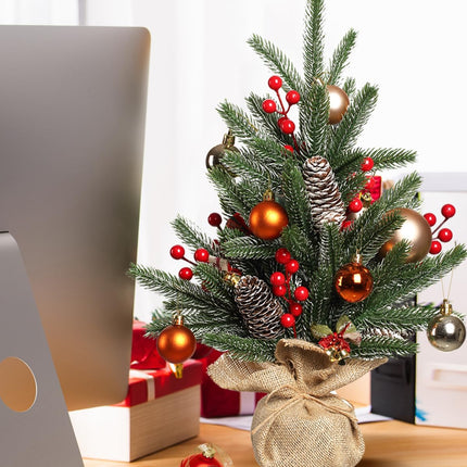 Tabletop Christmas Tree 19 Inch Artificial Mini Christmas Tree Non-Lit Snowy Small Christmas Tree with Pine Cones Red Berries for Christmas Holiday Mantle Table Top Home Indoor Decor