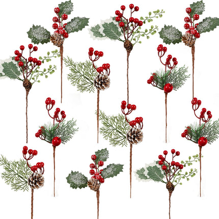 Cekene 12PC Artificial Christmas Pine Picks Branches Assorted Christmas Red Berry Picks with Pine Cones Faux Holly Stems Branches Holiday Floral Picks for Christmas Decoration Wreath Garland DIY