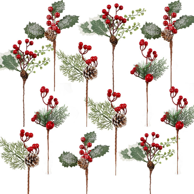 Cekene 12PC Artificial Christmas Pine Picks Branches Assorted Christmas Red Berry Picks with Pine Cones Faux Holly Stems Branches Holiday Floral Picks for Christmas Decoration Wreath Garland DIY