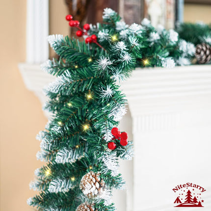 9FT Prelit Christmas Garland with Lights, Battery Operated Lighted Garland with Pine Cones &Red Berries, Snowy Christmas Garland for Mantle, Fireplace Indoor &Outdoor