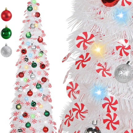 HMASYO 5 FT Pop Up Candy Cane Christmas Tree with Timer Lights and Decorations, Tinsel Christmas Tree with Candy and 24 Balls Ornament, Collapsible Pencil Tree Xmas Decoration for Home, Office, Party