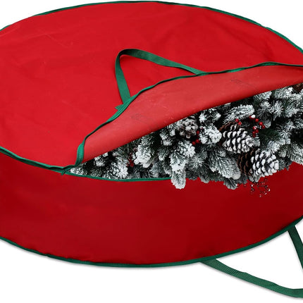 1 Pcs 60 Inch Christmas Wreath Storage Bag Zippered Garland Holiday Container with Reinforced Handle Tear Resistant 600d Oxford Wreath Organizer Christmas Wreath Holder with Card (Red)