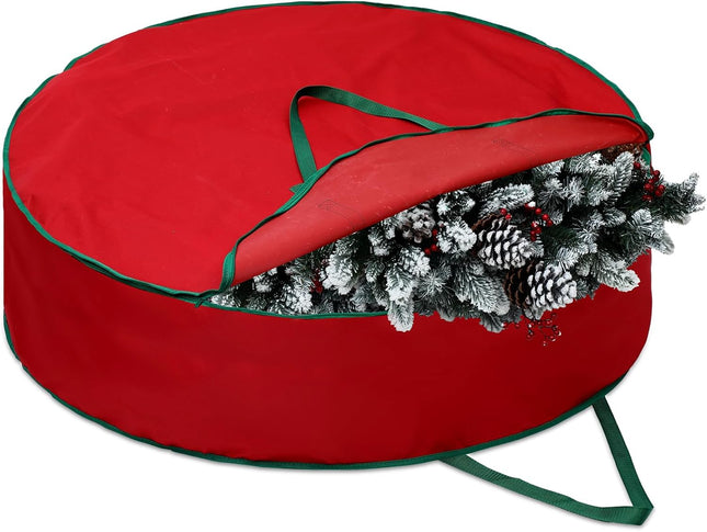 1 Pcs 60 Inch Christmas Wreath Storage Bag Zippered Garland Holiday Container with Reinforced Handle Tear Resistant 600d Oxford Wreath Organizer Christmas Wreath Holder with Card (Red)