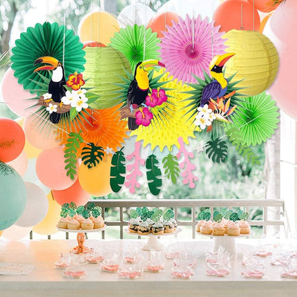 Tropical Bird Toucan Leaf Garland Party Kit for Summer Hawaiian Luau Tiki Tropical Jungle Themed Party Decorations Luau Party Supplies Decor with Paper Palm Leaves Paper Fan Paper Lanterns