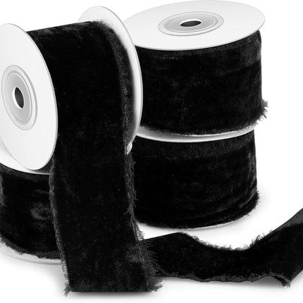 Preboun 4 Rolls Silk Velvet Ribbon for Wrapping 24 Yards Total Frayed Edge Velvet Ribbon for Christmas Wedding DIY Crafts Wreaths X-Mas Tree Decor(Black,2 Inch)