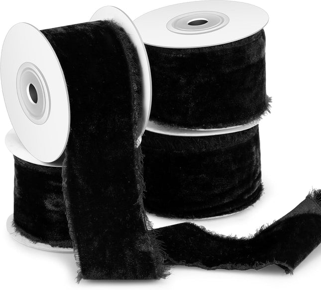 Preboun 4 Rolls Silk Velvet Ribbon for Wrapping 24 Yards Total Frayed Edge Velvet Ribbon for Christmas Wedding DIY Crafts Wreaths X-Mas Tree Decor(Black,2 Inch)