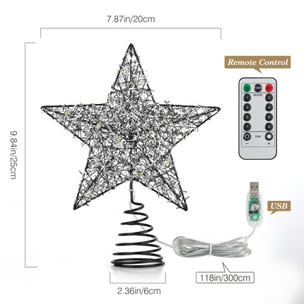 Christmas Star Tree Topper with 8 Lighting Modes, USB Christmas Star Treetop with Timer Decorative Light with Silver Strip, 20 LED Light Xmas Tree Top Decor for Home Indoor Outdoor, Black