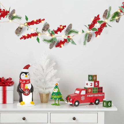 6.6FT Prelit Christmas Garland with 20 LED Lights Battery Operated Christmas Garland with Pine Cone Red Berries Lighted Christmas Garland Decoration for Mantle Stairs Fireplace