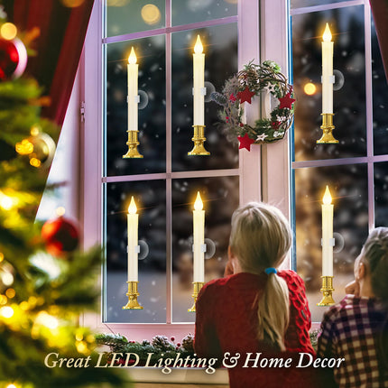 Christmas Window Candles Battery Operated with Timer Remote, Flameless LED Candle Lights with Gold Removable Candlesticks and Suction Cups, White Cordless Candles for Windows Table Decoration