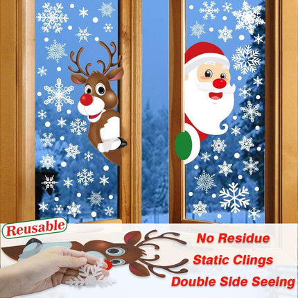 HINZER 310Pcs Christmas Window Clings Christmas Window Decorations Xmas Window Flakes Christmas Decals for Home Deer Santa Claus and Snowflakes