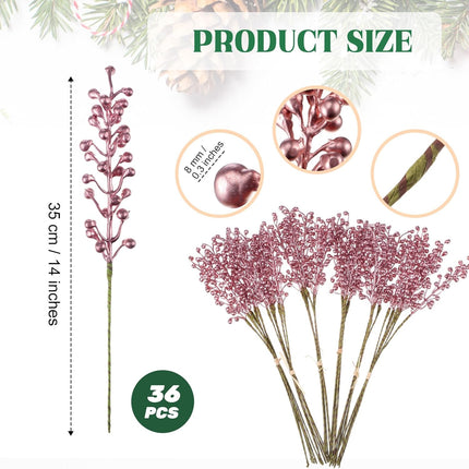 36 Pack Christmas Berry Stems 14 Inch Artificial Berry Picks Xmas Holly Berry Stem Branches for Christmas Tree Ornament Wreath Vase DIY Craft Christmas Home Decor(Rose Gold)