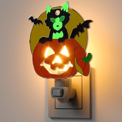 Halloween Black Cat Pumpkin Luminous Night Lights Plug into Wall, Fluorescence Metal Bright Plug in Nightlight, Halloween Christmas Valentine Holidays