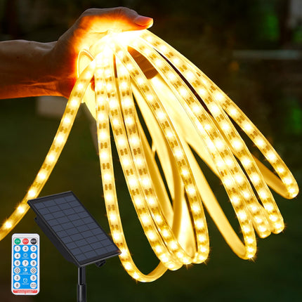 32.8FT 600LED Solar LED Strip Lights Outdoor, Outdoor String Lights Waterproof, 8 Modes Solar Rope Lights with Remote for Step, Stair, Deck, Fence, Patio,Yard Decor(Warm White)