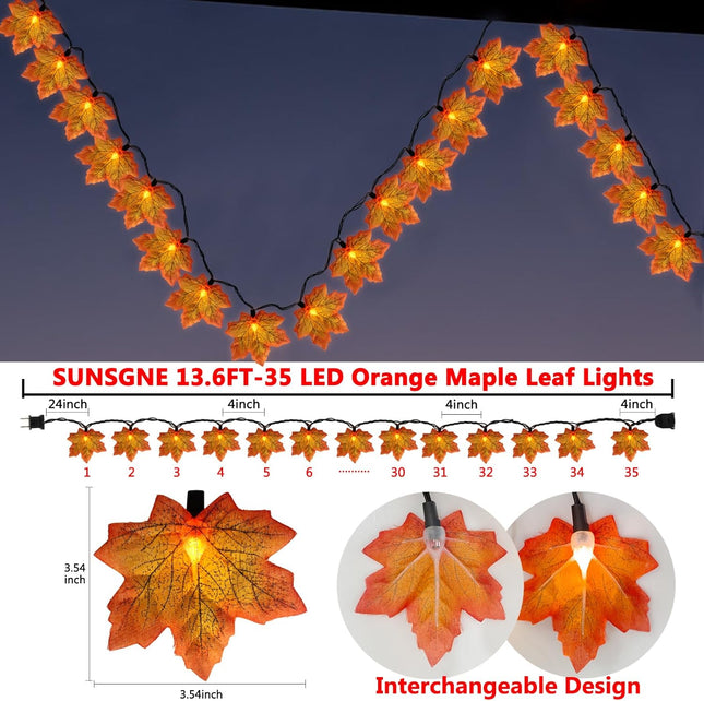 SUNSGNE Fall Lights Thanksgiving String Lights, 13.6FT 35LED Orange Leaf Lights Plug-in Fall String Lights for Thanksgiving Friendsgiving Harvest Autumn Fall Party Indoor Bedroom Home Decorations