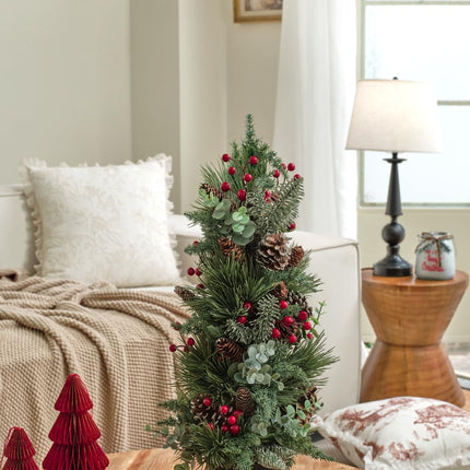 20 Inch Tabletop Christmas Tree, Small Christmas Tree with Pine Needles, Berry and Eucalyptus, Tabletop Small Xmas Tree Perfect Christmas Decoration for Home, Living Room, Table