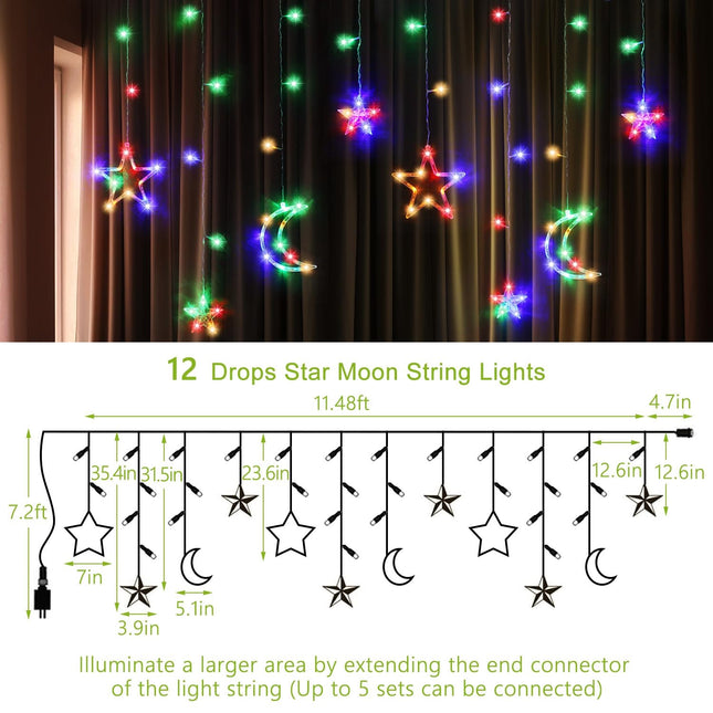 PUHONG Christmas String Lights, 138 LEDs Curtain Lights with 8 Light Modes, 11.48FT Star Moon Indoor Outdoor Fairy String for Window, Bedroom, Wall, Home Decoration - Multicolored