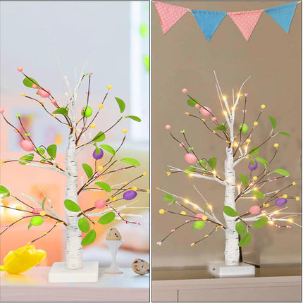 23in Easter Tree with Lights Pre-lit Easter Eggs Tree Tabletop Decor,Lighted Birch Tree Easter Tabletop Centerpieces Decorations,Artificial Easter Eggs Tree for Home Easter Spring Decoration