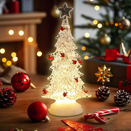 Acrylic Christmas Cardinal Birds Tree Table Decor - Christmas Tree with LED Lighting Ornament Timer, Warm Holiday Party Mantel Decorations s for Family&Cardinal Lovers (White) 12"
