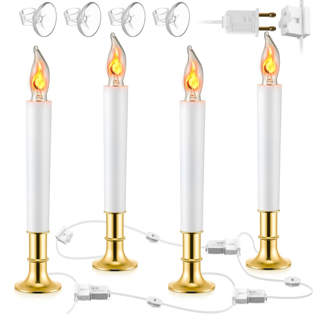 Meonum 4 Pcs Window Candles Kit Electric Christmas Window Candle, Flicker Flame Electric Window Candle Light with Gold Base, 5 Bulb and 5 Suction Cup Holder for Window Table Holiday Decor