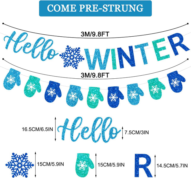 Glitter Hello Winter Banner with Snowflake Signs and Blue Glittery Gloves Banner Winter Snowflake Garland Banner Christmas Holiday Winter Wonderland Birthday Baby Shower Party Mantle Decorations