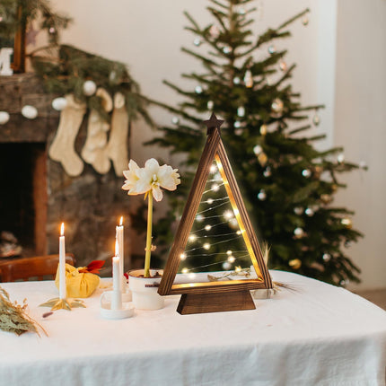 Wooden Christmas Trees Tabletop Decoration - 13.3" Lighted Wooden Christmas Tree, Triangle-Shaped - Perfect Mantle Decor, Farmhouse Style Tabletop Decor, Tabletop Lighted Xmas Tree with Lights