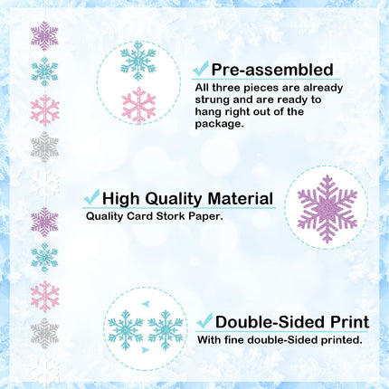 Winter Snowflake Hanging Decorations, Glitter Purple Pink Silver Christmas Snowflakes Hanging Garland Frozen Party Decorations for Winter Wonderland Baby Shower Frozen Birthday Party Decorations