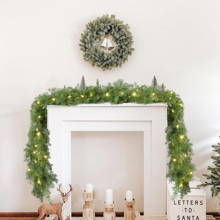 6FT Pine Christmas Garland, Artificail Christmas Greenery Garland with 50LED Lights,Realistic Cedar Garland Cypress Garland for Holiday Mantel Fireplace Table Centerpiece Decoration