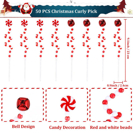 Tigeen 50 Pcs Christmas Curly Pick White Christmas Picks Bells Candy Cane Christmas Decorations Christmas Tree Picks for Xmas Tree Topper Decor Home Office Crafts Party Ornaments (Red White)