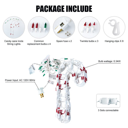 Minetom Christmas Candy Cane String Lights with 6 Drops - 7.5ft 180 Bulbs Candy Cane Icicle Lights with 8 Clips, Connectable Hanging Lights for Rooftop Eaves Christmas Home Outdoor Decoration