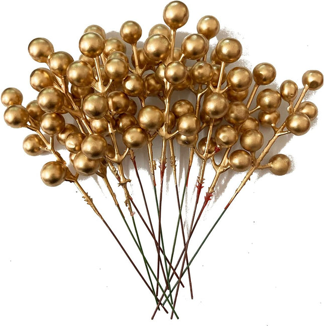Fake Christmas Picks Artificial Glitter Golden Berry Stem Ornaments Decorative Sticks for Christmas Tree DIY Wreath Crafts Fireplace Holiday Home Decor (30, Golden)