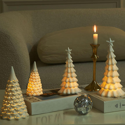 Ceramic Christmas Tree That Light Up, 2 Pack Lighted Porcelain Christmas Tree with Star, Matte White Small Xmas Tree Table Centerpiece Xmas Tree Figurines for Tabletop Decor