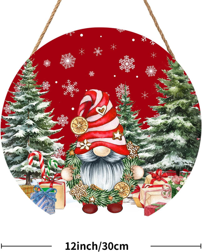 Christmas Gnome Welcome Sign for Front Door Merry Christmas Door Hanger 12”x12” Christmas Dwarf Xmas Holiday Snowflake Wooden Hanging Sign Outdoor Outside Porch Decor Winter Christmas Wreath for Home