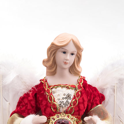 Redrubbit 16 inches Christmas Angel Tree Topper with Feather Wings in Luxury Red Velvet Sequin Dress, Christmas Treetop Flying Angel Winged Diva Fairy Goddess Figurine Holiday Ornament
