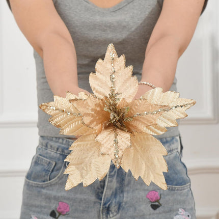 Christmas Poinsettia 10pcs 9.4-Inch Large Christmas Flowers Picks Spray Artificial Glitter Flower Ornaments for Christmas Tree Wreath Garland Decoration (Champagne)