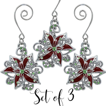 Poinsettia Christmas Ornaments - Set of 3 Silver Filigree Red and Green Jeweled Poinsettias - 2" D