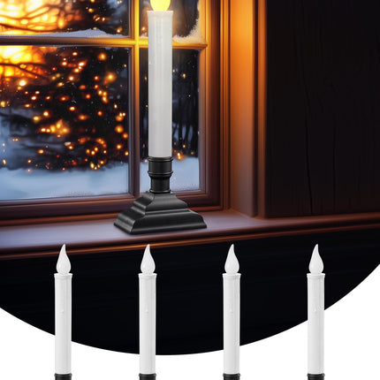 SURAIELEC 4 Pack Battery Operated Window Candles, Dusk-to-Dawn Window Lights with Removable Candle Holders, LED Flameless Candlesticks for Christmas Window, Mantel, Dining Table, Matte Black