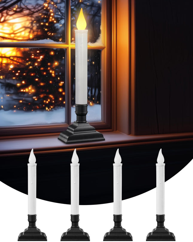 SURAIELEC 4 Pack Battery Operated Window Candles, Dusk-to-Dawn Window Lights with Removable Candle Holders, LED Flameless Candlesticks for Christmas Window, Mantel, Dining Table, Matte Black